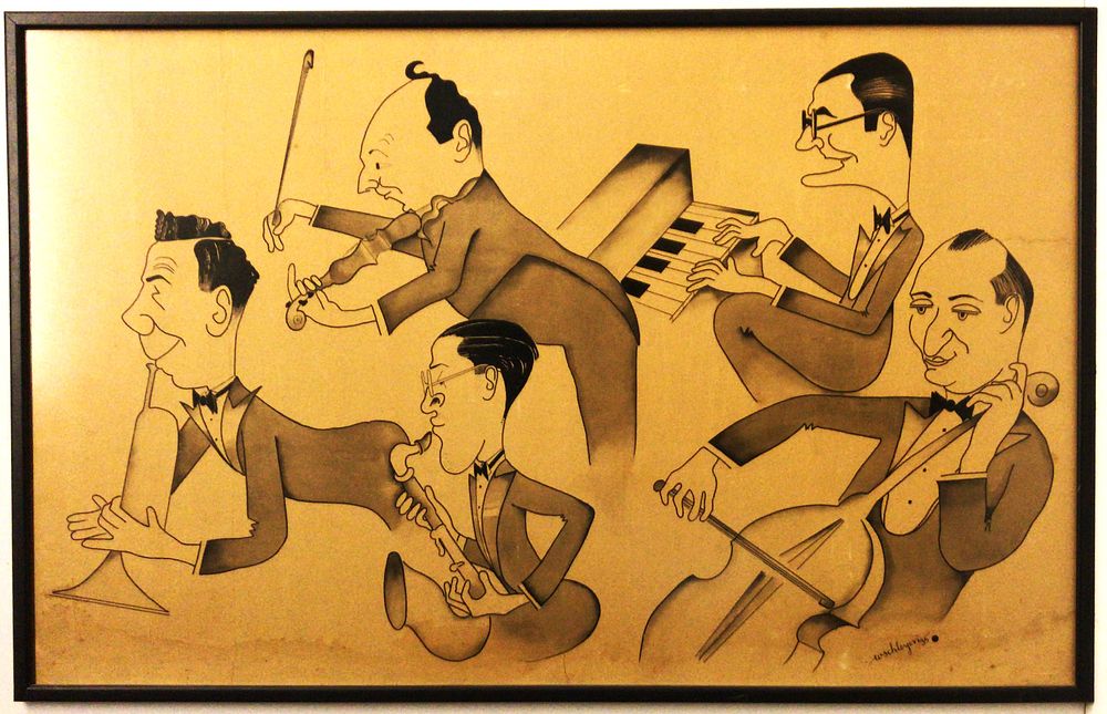 אמן לא מזוהה - " התזמורת " רישום על קרטון חתום Wschleyen שנת 1935 . הופיע בכתבה " הצצה לחיי 