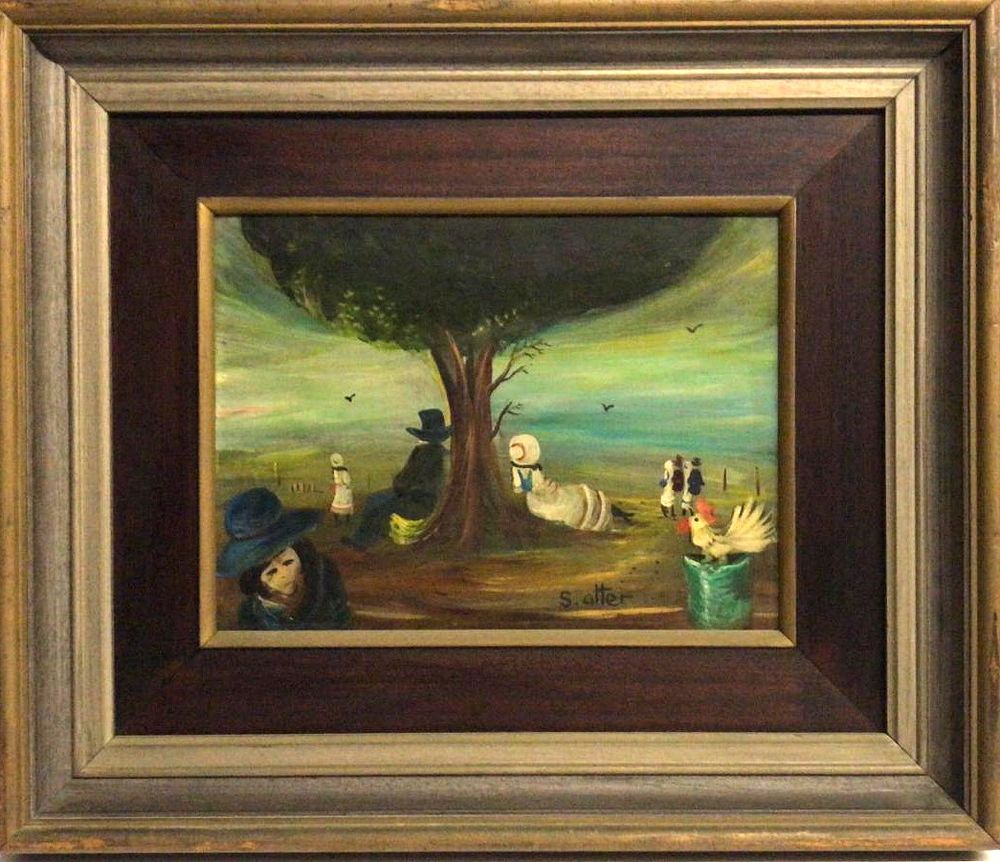 שלמה אלטר - " מנוחה בפארק " שמן על עץ חתום וממוסגר . מידות הציור בלבד - 30X24 ס"מ , המסגרת - 