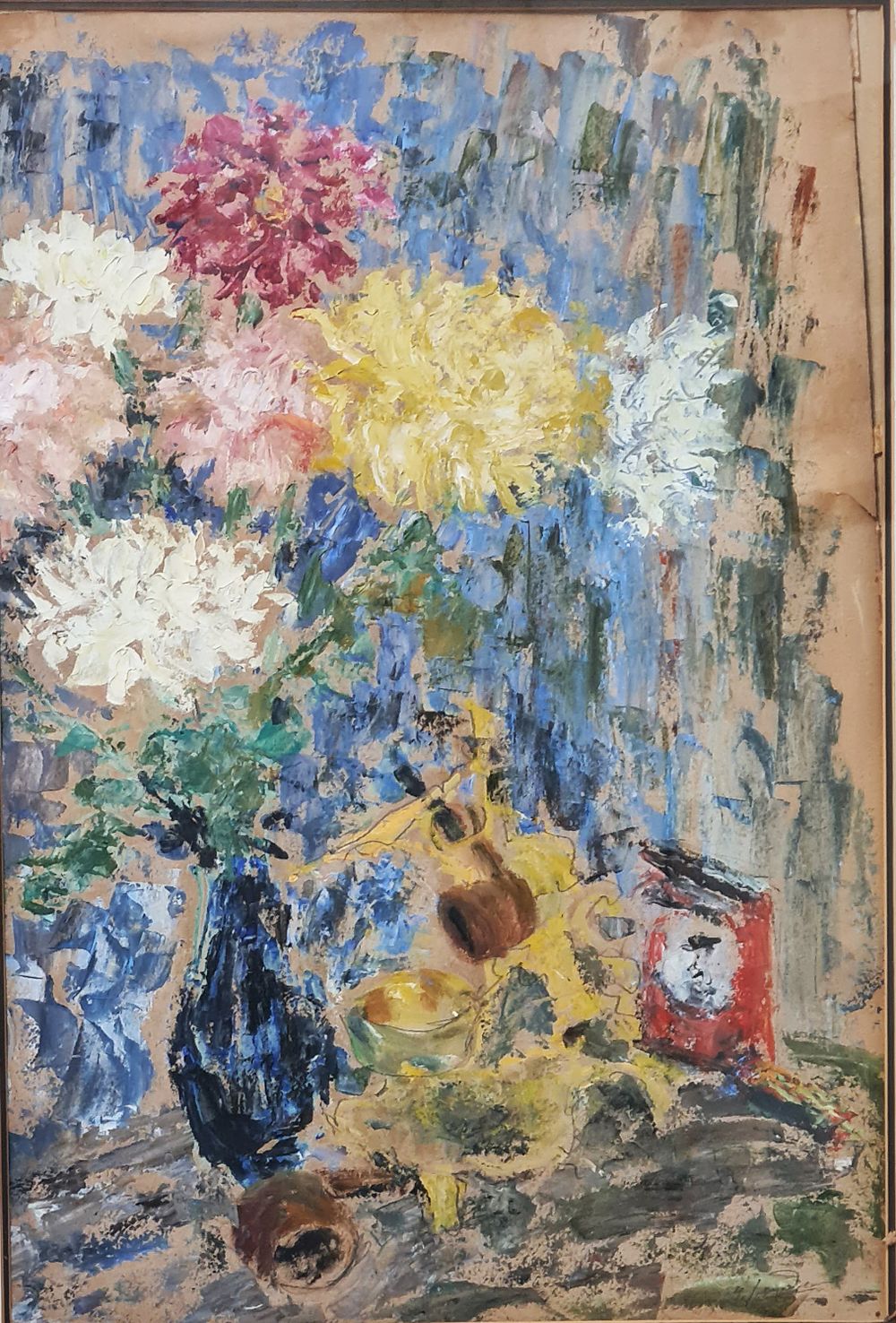 אמן לא מזוהה - " אגרטל פרחים " פסטל על נייר , חתום וממוסגר . מידות הציור בלבד 47X32 ס"מ 