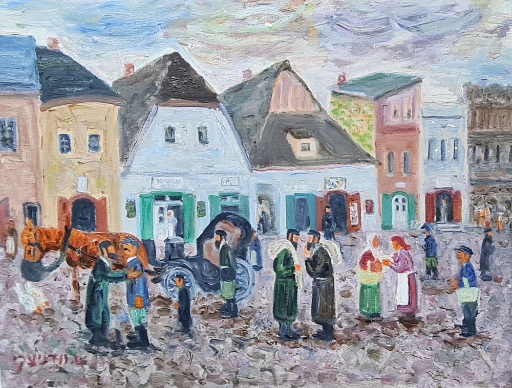 שמואל וודניצקי (1895-1980) - " יהודים בעיירה קוזמיר " שמן על בד, חתום וממוסגר . מידות הציור 