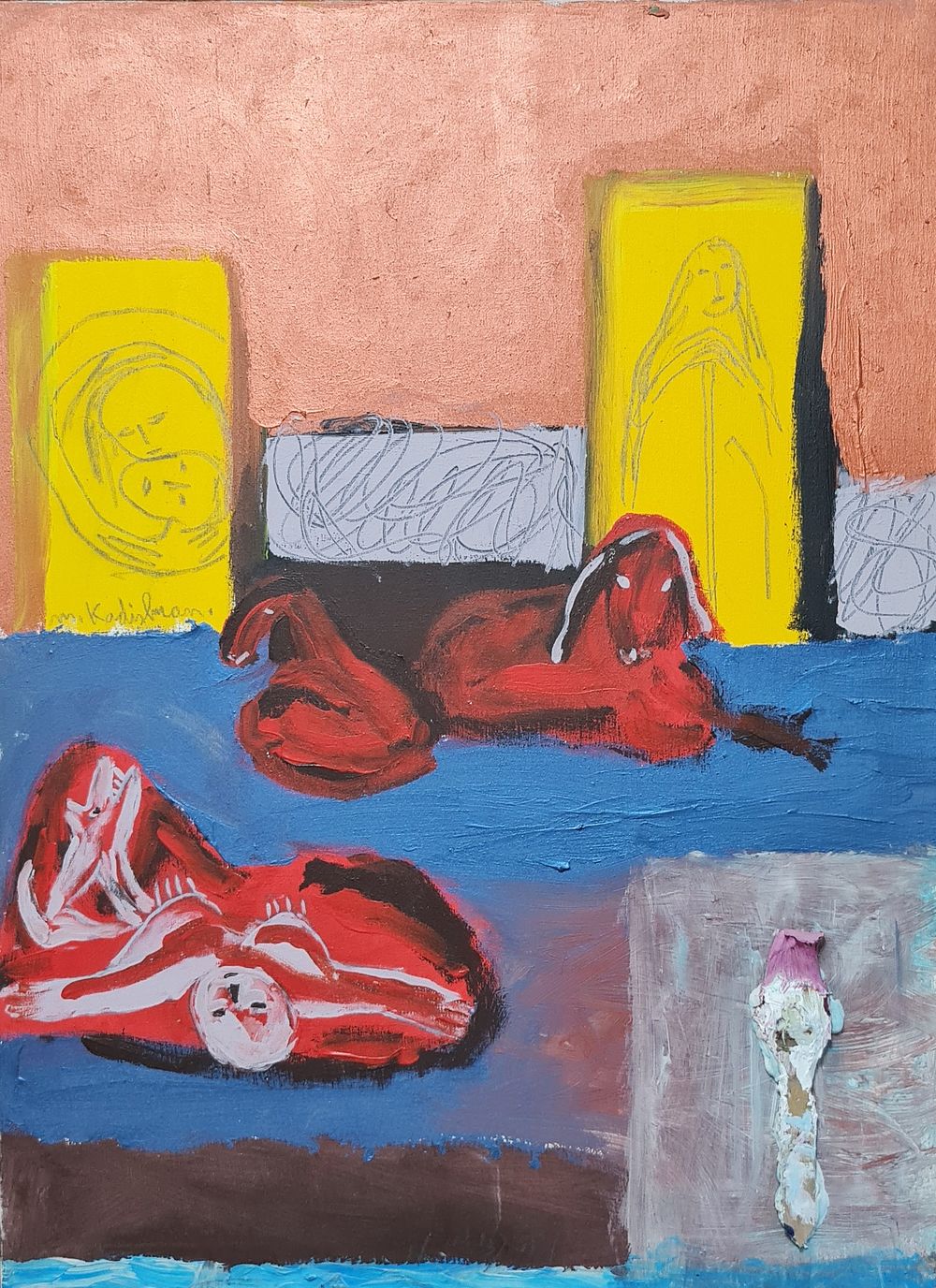 מנשה קדישמן ( 1932 - 2015 ) Menashe Kadishman - " סדרת מאיה כבשים אדומות " ציור ישן 1986 