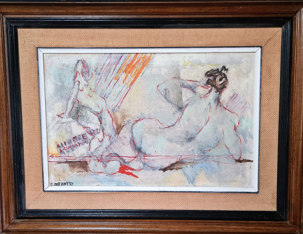 גרשון רנרט ( 1929-2009 ) Gershon Rennert - " שתי נשים בעירום " שמן על מזוניט , חתום וממוסגר . 