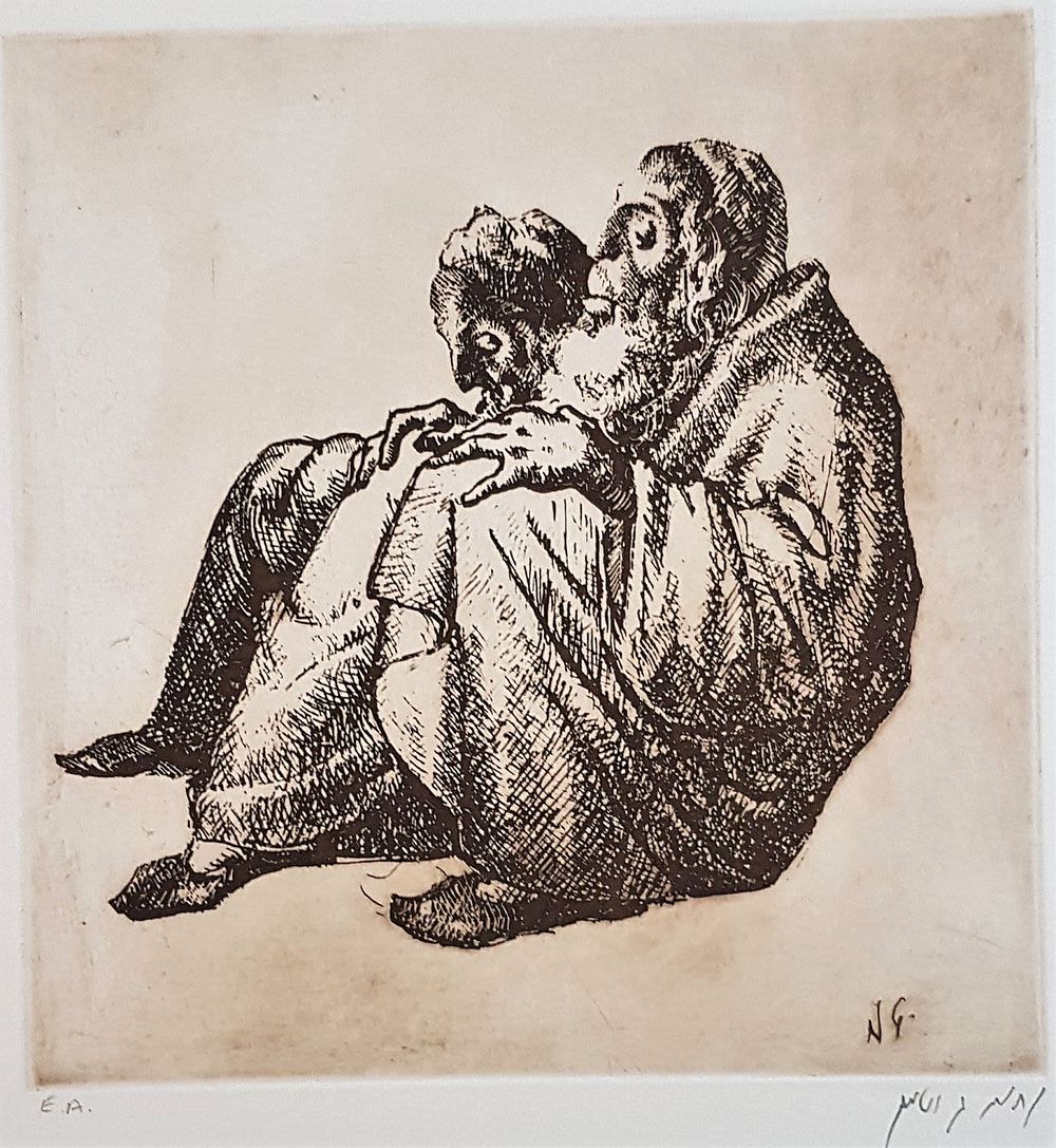 נחום גוטמן - " זוג יהודים " תחריט חתום בעיפרון על ידי האמן ממוספר E.A . 
לא ממוסגר מידות 