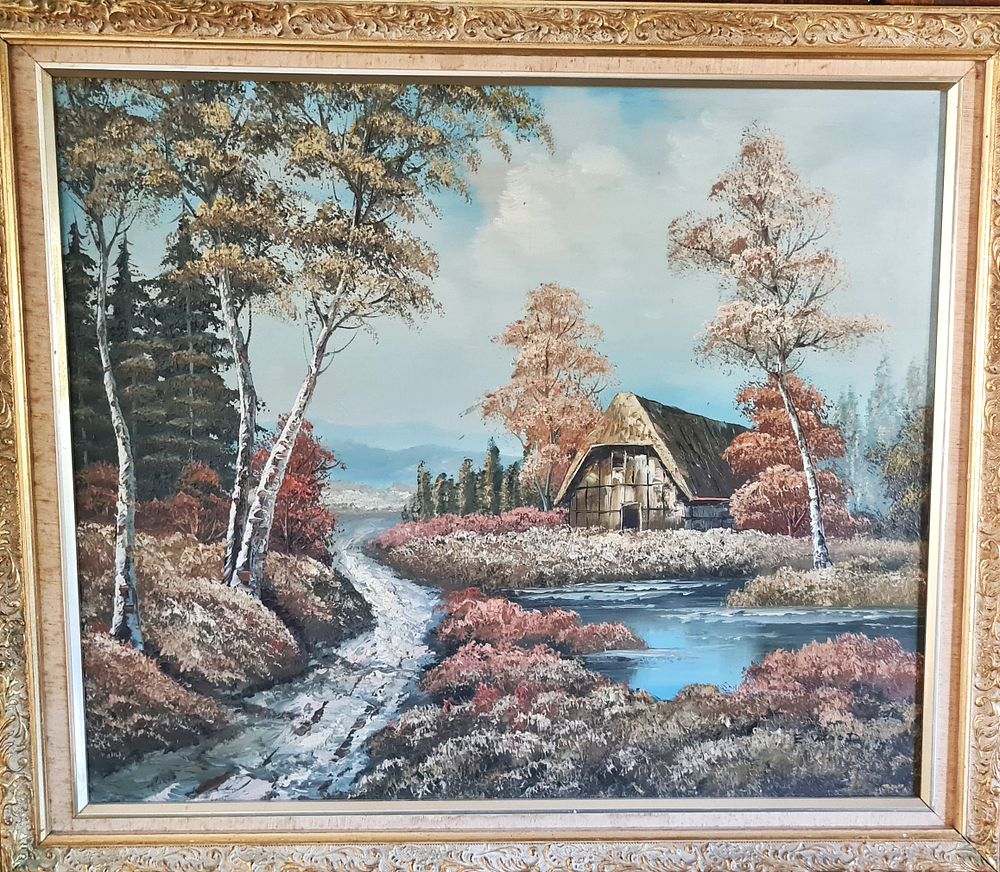 אמן לא מזוהה - " נוף בטבע " שמן על בד , חתום , ממוסגר . מידות הציור בלבד 50X60 ס" מ.