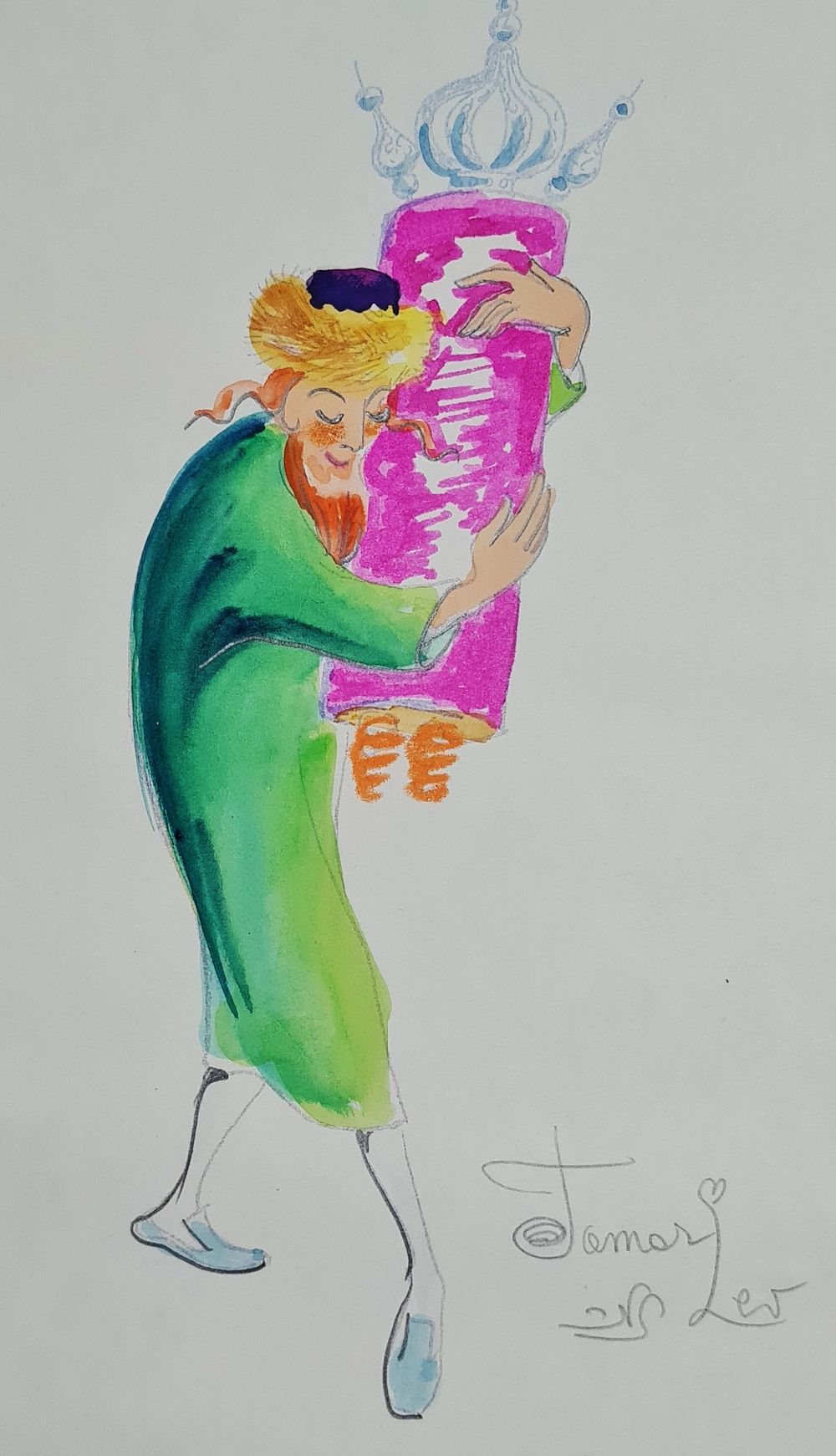 תמר לב - " חסיד רוקד עם ספר תורה " צבעי מים ועפרון על נייר , חתום לא ממוסגר . מידות הציור בלבד 