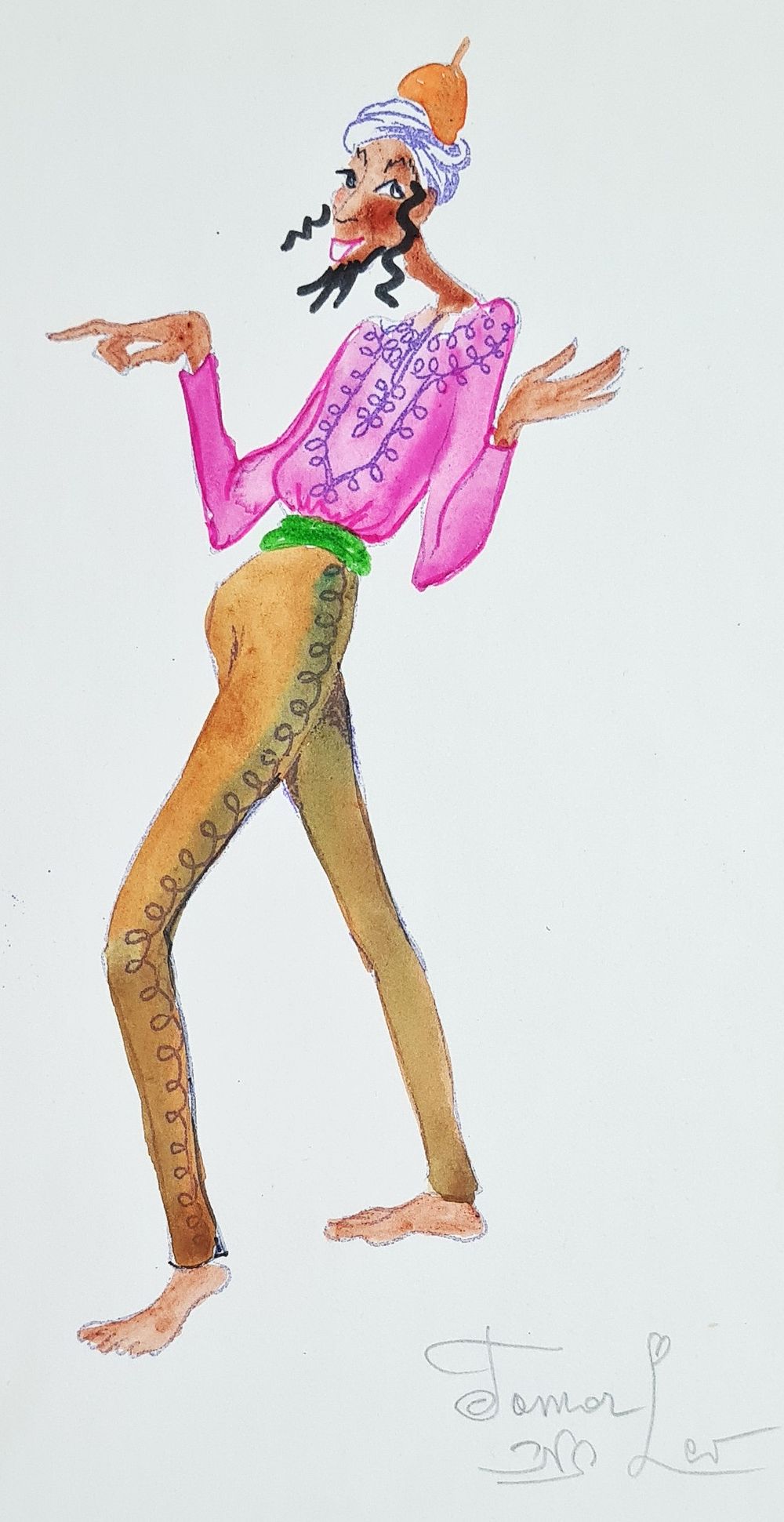 תמר לב - " ריקוד תימני " צבעי מים ועפרון על נייר , חתום לא ממוסגר . מידות הציור בלבד 27X17 ס"מ .