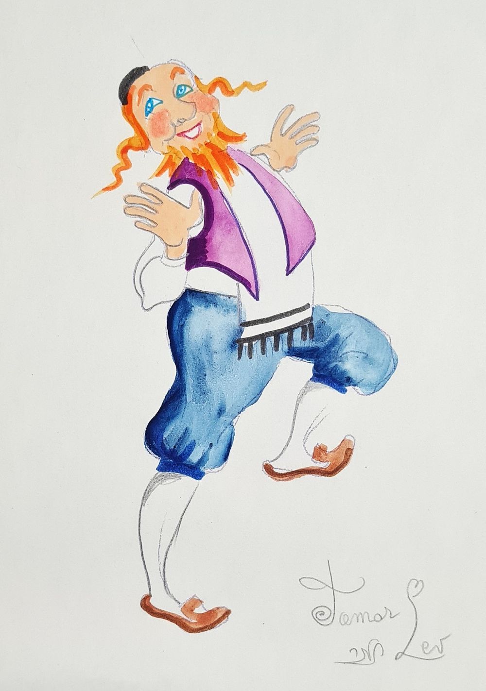 תמר לב - " ריקוד חסידי " צבעי מים ועפרון על נייר , חתום לא ממוסגר . מידות הציור בלבד 27X17 ס"מ .