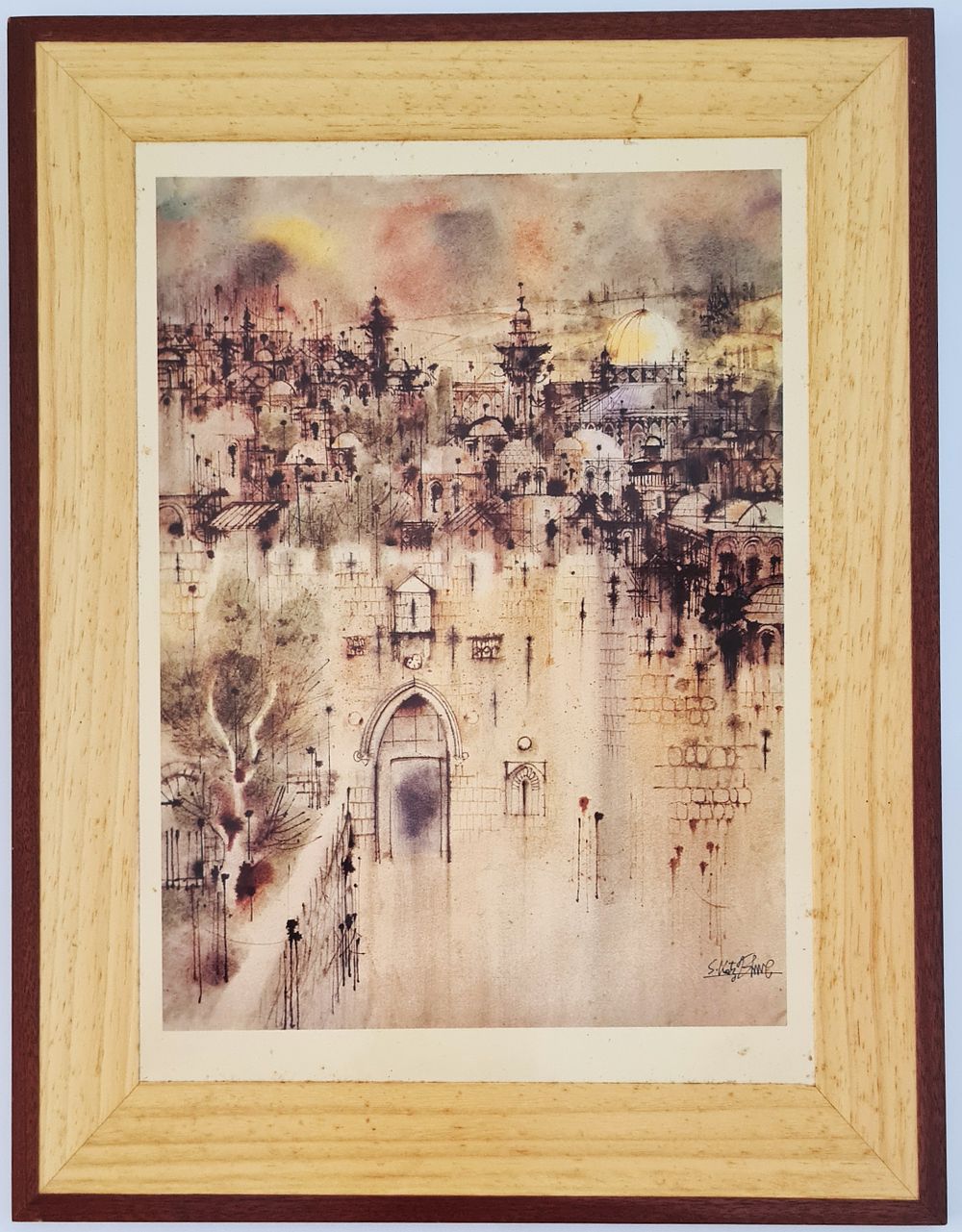 שמואל כץ - " ירושלים העתיקה " הדפס על גבי עץ , חתום בהדפס וחתום בעפרון על הצד השני . מידות 