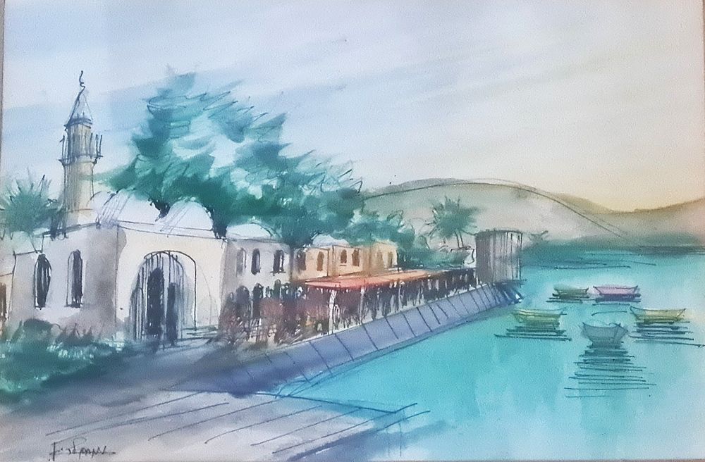 מנחם לביא - " טיילת בטבריה " אקוורל על נייר , חתום וממוסגר . מידות הציור בלבד 32X46 ס"מ .