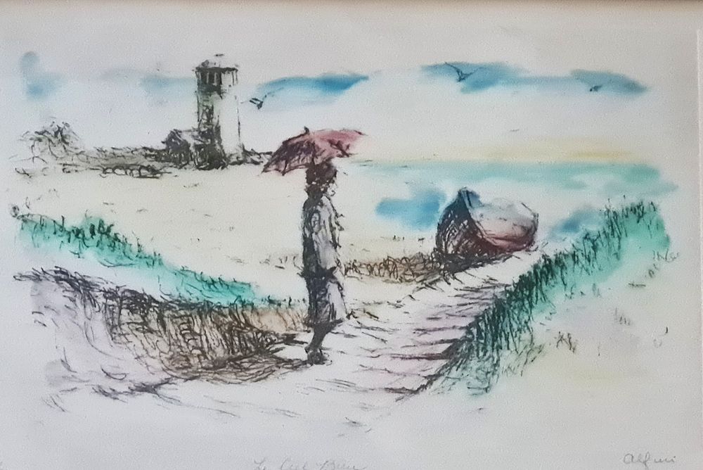 אמן לא מזוהה - " אשה עם מטריה " תחריט צבעוני , חתום ממוספר וממוסגר . מידות הציור בלבד 22X34 ס"מ .