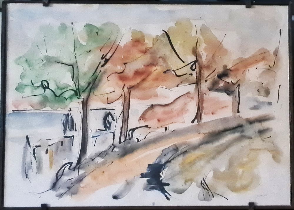 אמן לא מזוהה - " רחוב בישוב " צבעי מים על נייר , חתום , ממוסגר . מידות הציור בלבד 25X35 ס"מ .