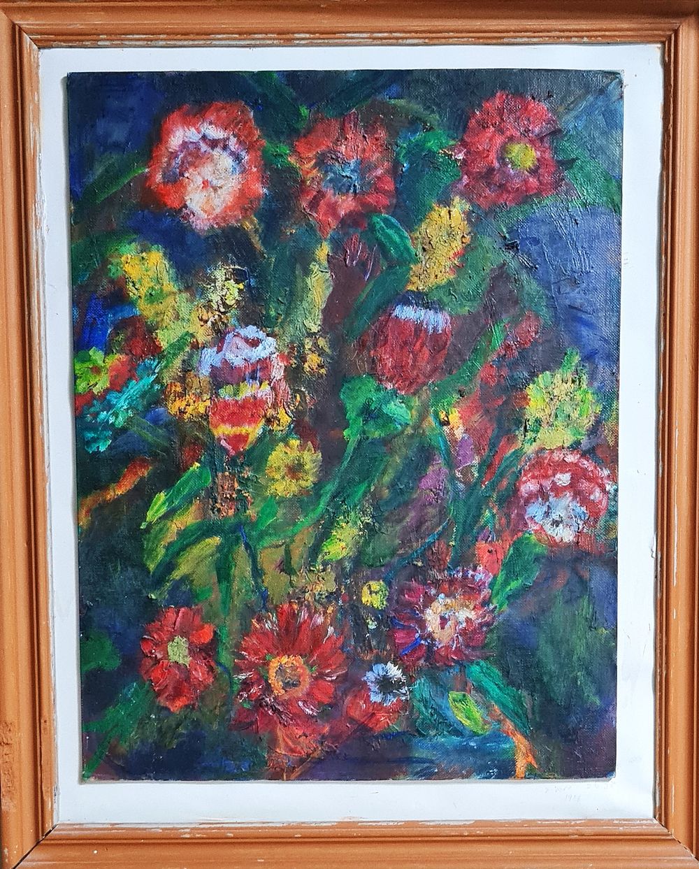 ברטה מאיר - " פרחים " שמן על בד מודבק על קרטון חתום מתוארך 1986 , ממוסגר. מידות הציור בלבד 