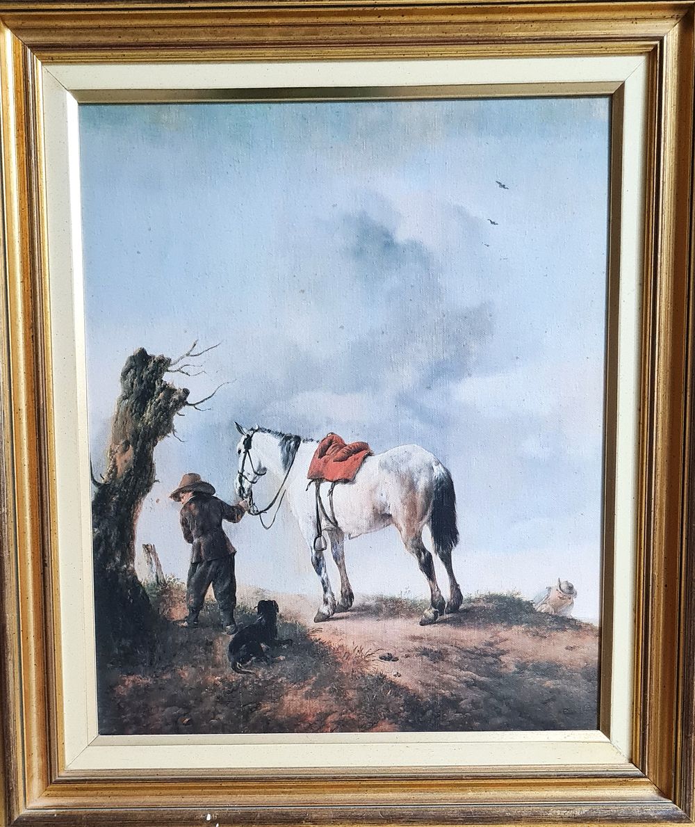 Philips Wouwerman ( שנים 1619-1668) - " הסוס האפור " הדפס על קנבס של הציור ההולנדי , ממוסגר . 