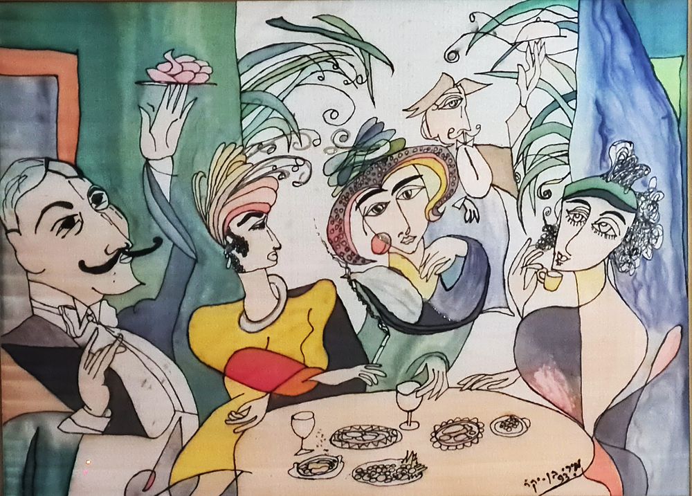 מירי בן יקר - " נשים בבית קפה " צבעי מים עם נצנצים , חתום מתוארך 1993 , ממוסגר . מידות הציור 