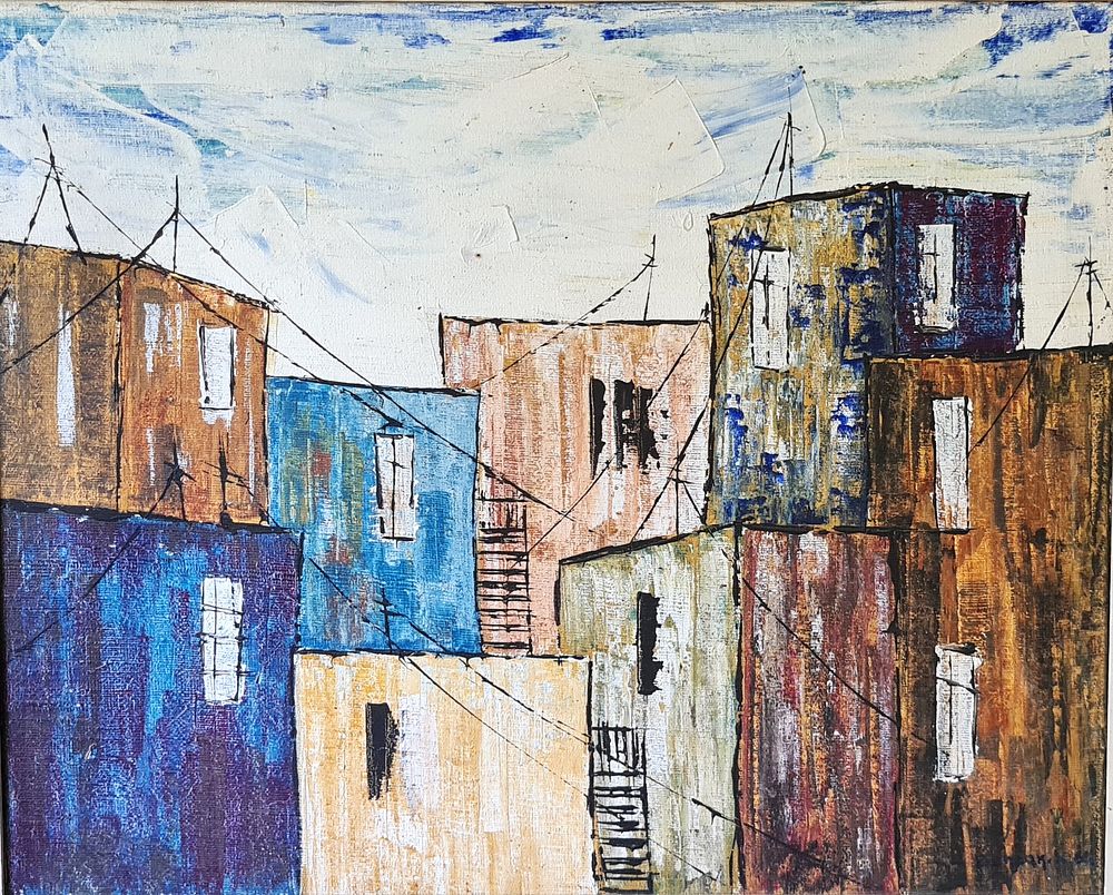 אמן לא מזוהה - " בתים " שמן על בד , חתום , ממוסגר . מידות הציור בלבד 42X54 ס"מ .