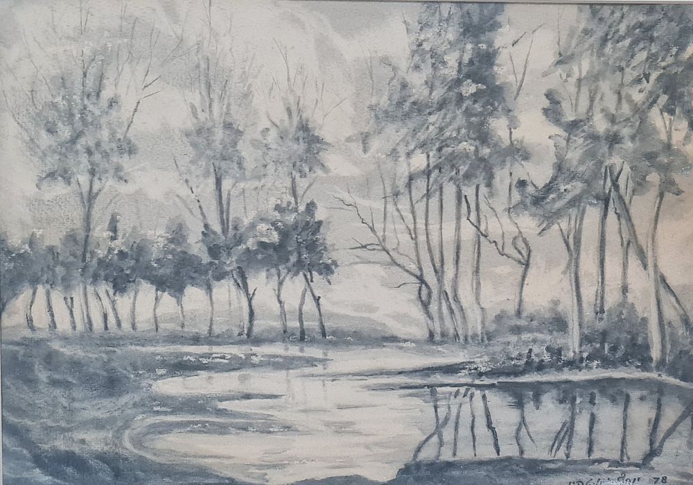 יוסף איטקין - " חורשה " פחם על נייר , חתום מתוארך 1978 , ממוסגר . מידות הציור בלבד - 33X46 ס"מ 