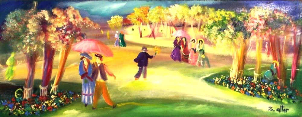 שלמה אלתר - " טיול בפארק " שמן על מזוניט , חתום , לא ממוסגר . מידות הציור 28X70 ס"מ .