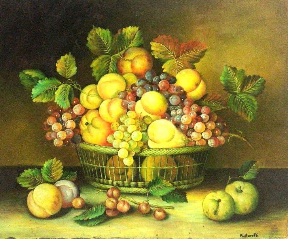 Boticelli - " סלסלת פירות " שמן על בד , מודבק על לוח עץ , חתום , לא ממוסגר . מידות הציור 60X50 ס"מ .