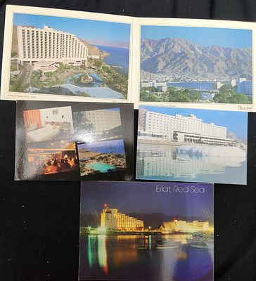 לוט 5 גלויות בתי מלון באילת: סונסטה, קורל, מלונות הלגונה ומלון מוריה בים המלח, שנות ה-80