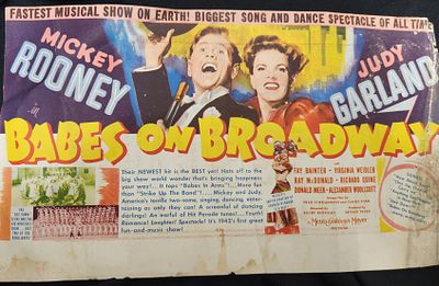 תוכניה לסרט קולנוע "נערים בברודווי" בכיכובה של ג'ודי ג'רלנד ומיקי רוני, תקופת המנדט שנות ה-40, 