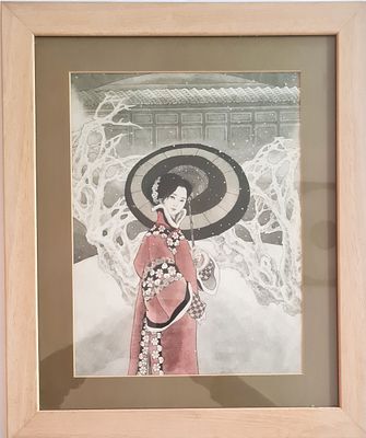 הדפס - " נערה עם מטריה בשלג " , לא חתום , ממוסגר . מידות הציור בלבד 38X29 