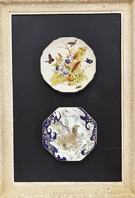 שתי צלחות פורצלן מהמזרח הרחוק מצוירות בפרפרים פרחים ובעלי כנף , ממוסגרות . במסגרת . קוטר כל 