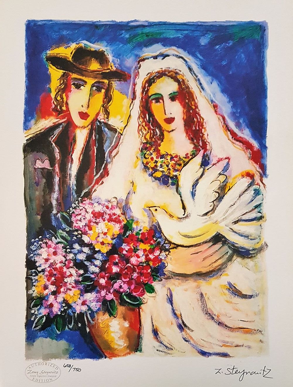 זמי ( זלמן ) שטיינוביץ ( 1951-2000) Zamy Steynovitz - " חתן וכלה " ליטוגרפיה צבעונית חתומה על 