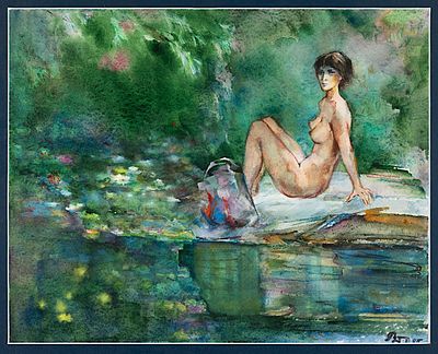 Veselin Dimchev (1933 - 2020). By the River, 1995, watercolour on paper, 40x50 cm Signed and dated