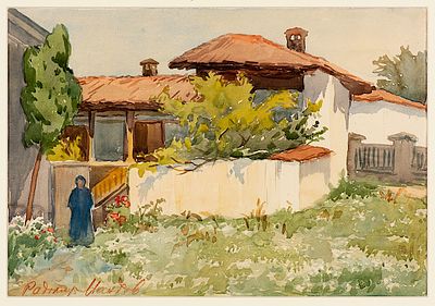 Radomir Mandov (1883 - 1947). Courtyard of an Old House, watercolour on paper, 25x36 cm Signed