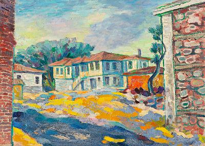Dora Kancheva (1926 - 2013). Landscape with Houses, oil on hardboard, 50x70 cm