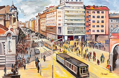 Petar Nenov (b. 1951). In Front of the Market Hall, oil on cardboard, 58x88 cm Signed