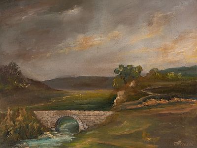 Tenyo Zhelev (1923 - 2010). Landscape with Old Bridge, 1981, oil on canvas mounted on cardboard 