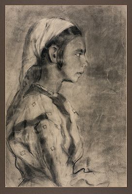 Vasil Stoilov (1904 - 1990). Girl with a White Kerchief, chalk on paper, 54x36 cm