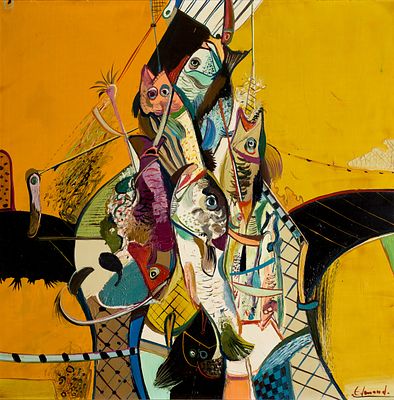 Edmond Demirdjian (1951 - 2009). Composition with Fish, oil on canvas, 80х80 cm Signed