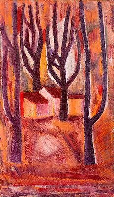 Genko Genkov (1923 - 2006). Landscape with houses and trees, oil on plywood, 66,5х38,5 cm