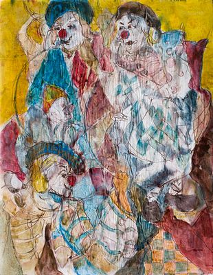 Nikolay Radonov (b. 1944). Clowns, 2023, ink and watercolor on board, 64х59,5 cmSigned and dated