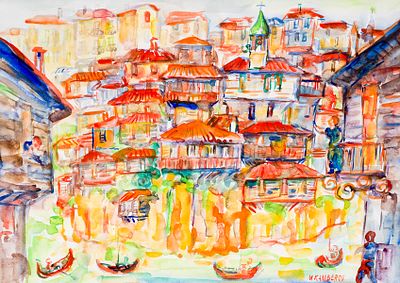 Mihail Kamberov (1952 - 2020). Houses by the sea, watercolor on paper, 35х50 cmSigned