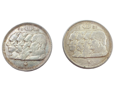 זוג מטבעות כסף 100 פרנק בלגיים שנים 1951 1948 . משקל כ"א 18 גרם