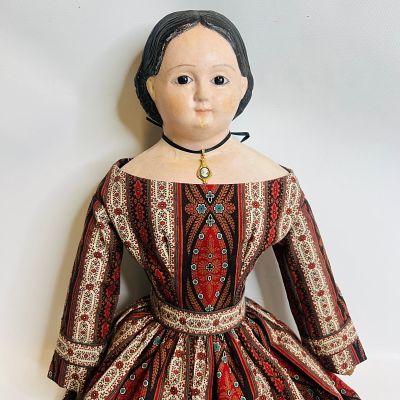 Antique Paper Mache Doll with Glass eyes, approx. 25 inches, body shows stains, and red kid 