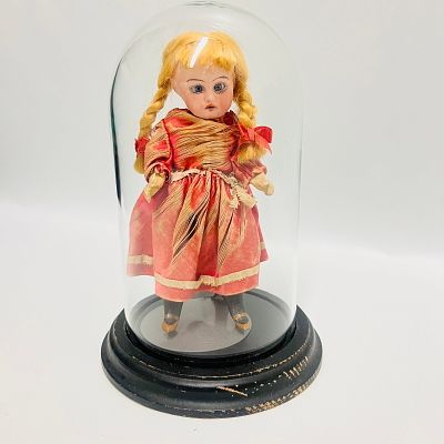 Hertwig Bisque Head Doll with Glass Dome and Base, approx. 7 inches, cannot remove clothes in 
