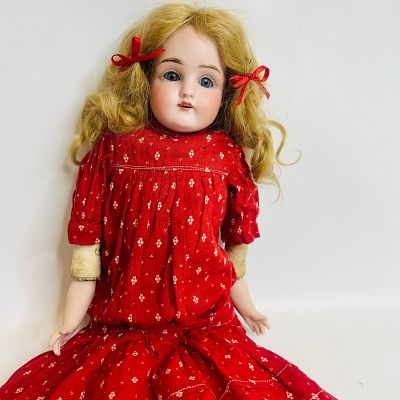 Antique Kestner 154 Shoulder Head Doll, approx. 17 inches, dress and shoes show wear 
