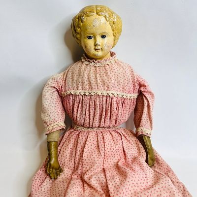 Sonneberg Type Paper Mache Doll, approx. 28 inches, overall worn condition, feet show rips 