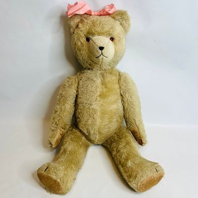 Large Antique Mohair Straw Stuffed Teddy Bear, approx 30 inches, has a barely working crier 