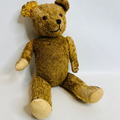 Well Loved Vintage Straw Stuffed Teddy Bear, approx. 16 inches, in very worn condition with 