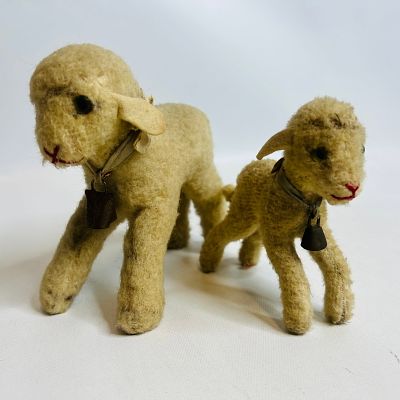Two Steiff Stuffed Lambs with Bells, no buttons, approx. 4.5 and 5.5 inches ------------------ 