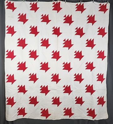 Antique c1900s Basket Quilt measuring 77"x 87". Comprised of a red stripe print fabric and 
