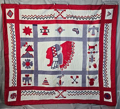 Vintage Native American Theme Applique Medallion Quilt measuring 95 by 85 inches. The center 