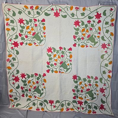 Antique 1851-1853 Appliqued Floral Vases Quilt Measuring 86 by 86 inches. It is signed and 