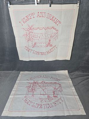 2 Victorian Redwork Pillow Lay Overs, feels like linen, and measures 29 by 25 inches each. They 