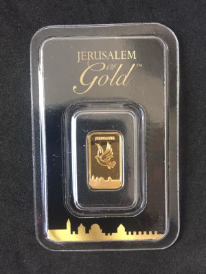 מטיל זהב טהור 999.9 ממוספר נתון בתוך אריזתו המקורית. "ירושלים של זהב" "JERUSALEM OF GOLD 